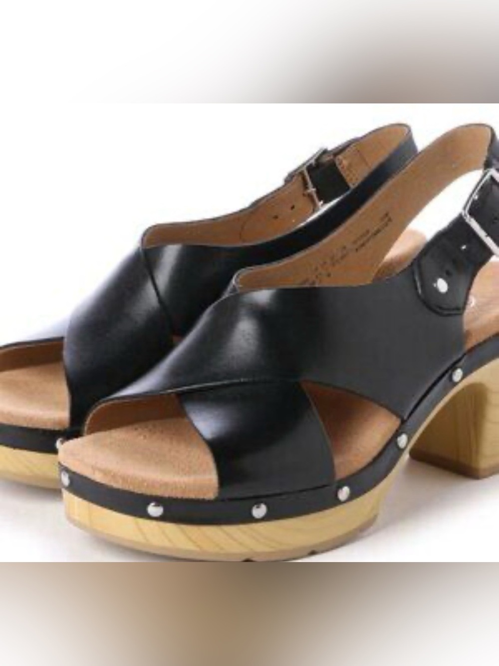 Clarks Artisan Ledella Club Slingback Sandals in black leather with studs clog